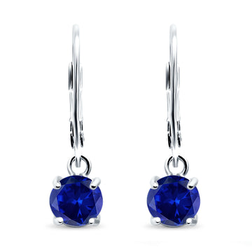 Lever Back Earring Round Simulated Blue Sapphire CZ 925 Sterling Silver (2mm-10mm)